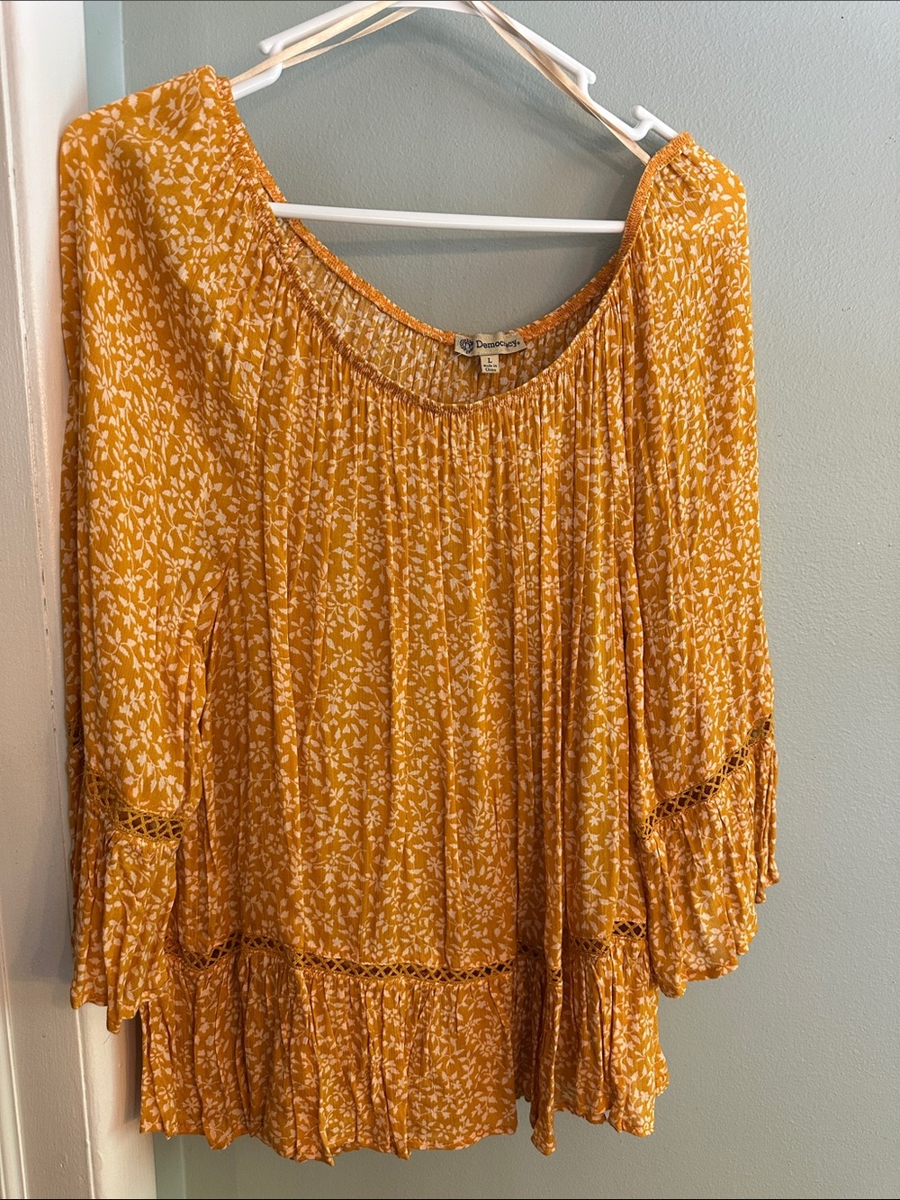 Democracy Yellow Floral Peasant Top with Crochet Trim